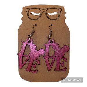 Mickey Mouse LOVE Valentines Day lightweight pierced hanging wooden earrings